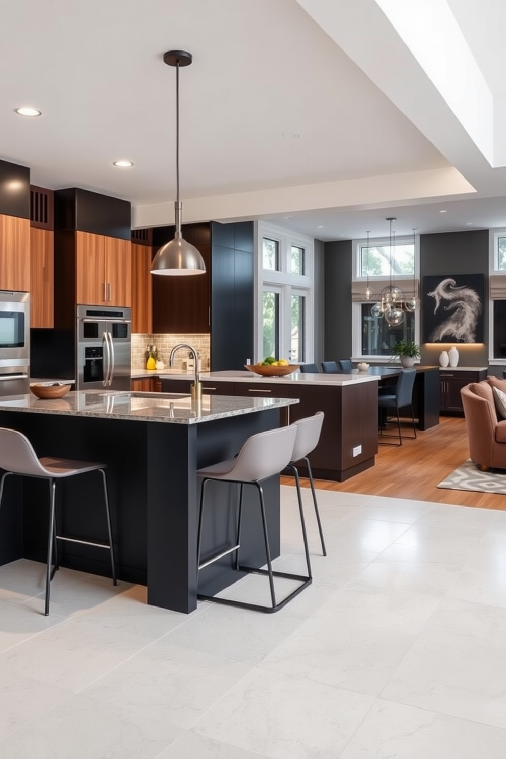 A sleek kitchenette designed for entertaining guests features a large island with bar seating and a polished quartz countertop. The cabinetry is a mix of matte black and warm wood, complemented by stainless steel appliances and stylish pendant lighting overhead. Open basement design ideas include a spacious layout with a cozy lounge area and a modern wet bar for hosting gatherings. Large windows allow natural light to flood the space, while a combination of comfortable seating and decorative accents create an inviting atmosphere.