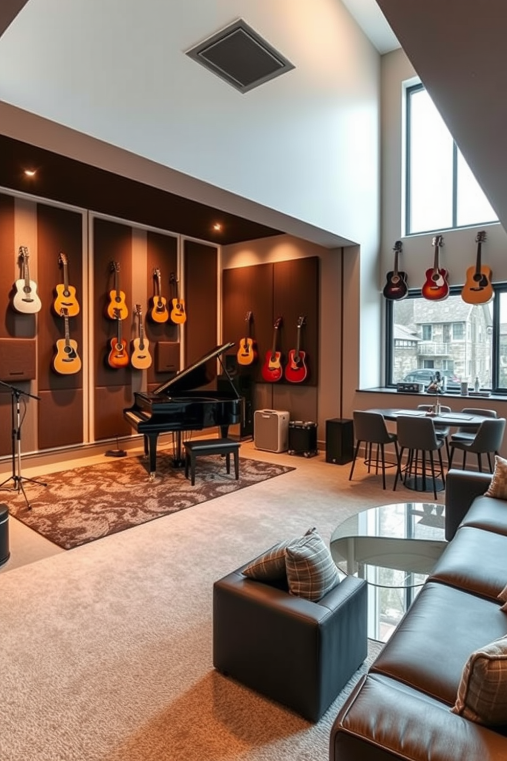 A cozy music room featuring a grand piano in one corner and a collection of guitars displayed on the wall. The room is soundproofed with acoustic panels and plush rugs, creating an inviting atmosphere for practice and performance. An open basement design showcasing a multifunctional space with a home theater area and a lounge section. The walls are painted in light gray, and large windows provide natural light, while comfortable seating and a stylish bar enhance the entertainment experience.