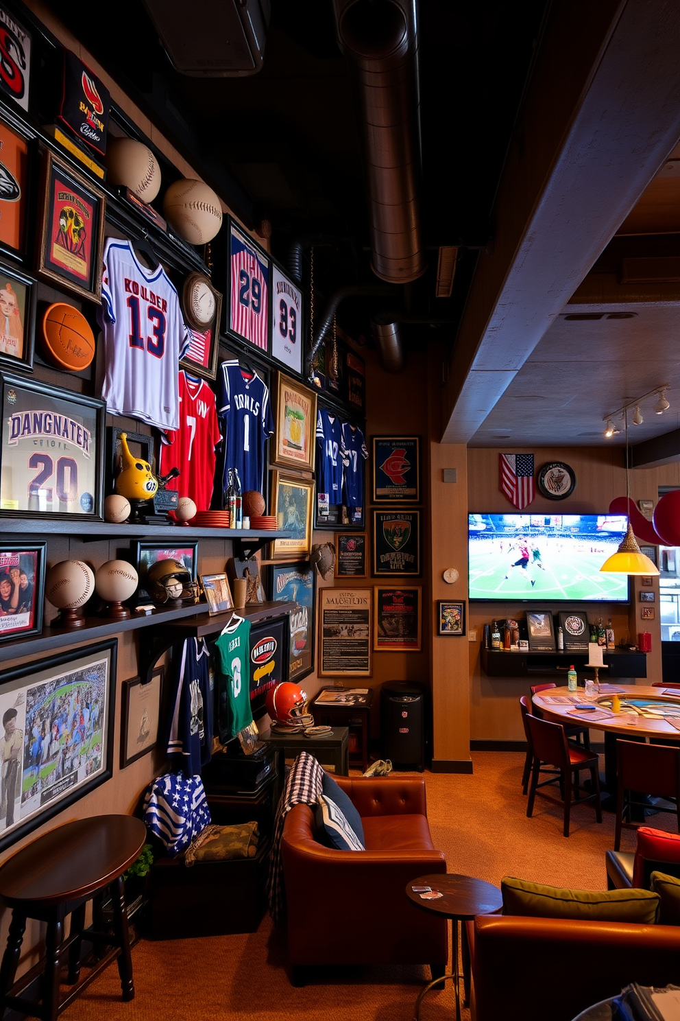 A vibrant sports memorabilia display featuring shelves filled with framed jerseys, signed baseballs, and vintage sports equipment. The walls are adorned with team colors and posters, creating an immersive atmosphere for fans. A cozy open basement design that combines a lounge area with a bar, featuring comfortable seating and a large screen for viewing games. The space is illuminated with warm lighting and accented with rustic wooden beams for a welcoming feel.