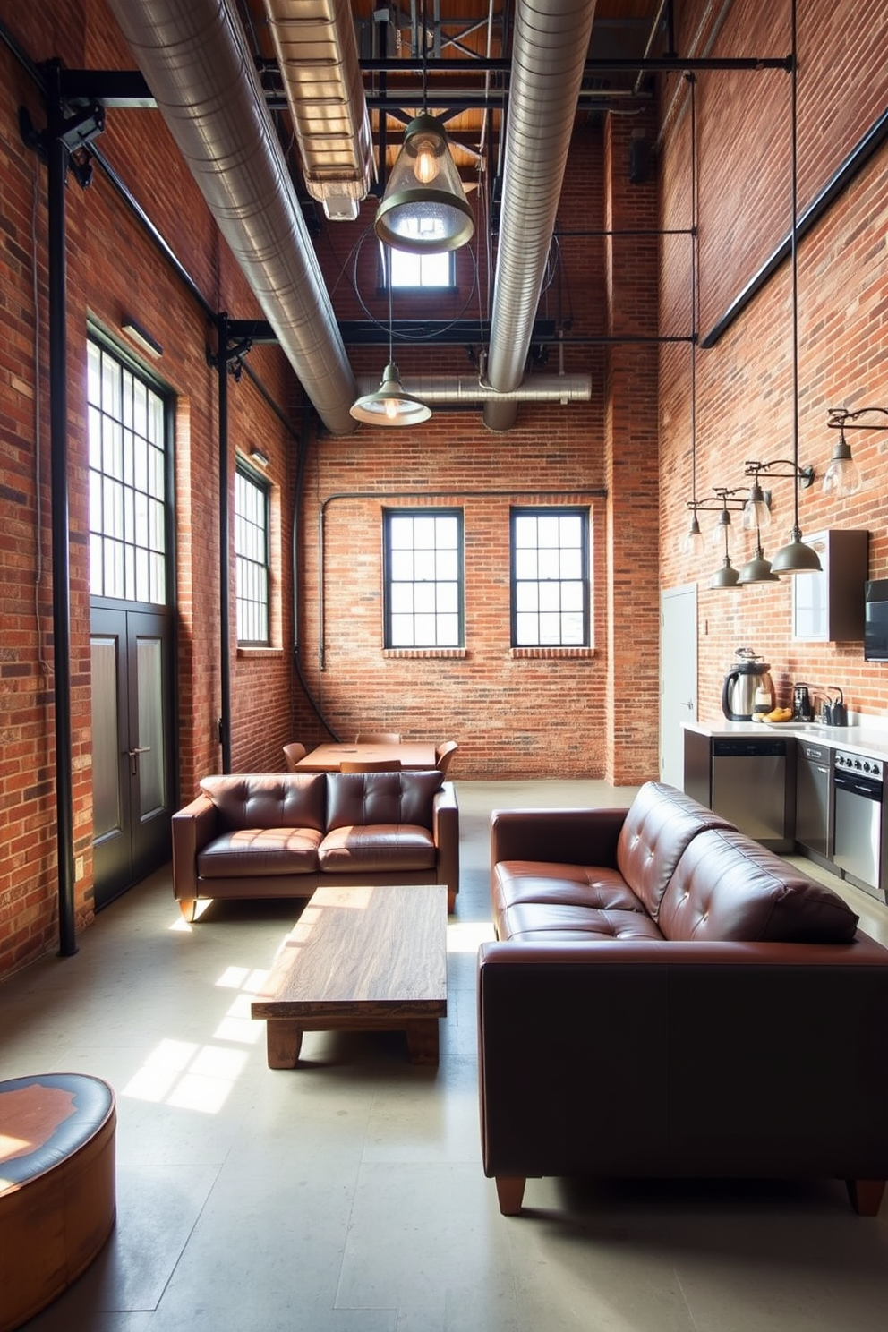 A spacious open basement featuring exposed brick walls and high ceilings. The area is furnished with a sleek leather sofa and a reclaimed wood coffee table, complemented by industrial-style lighting fixtures hanging from the ceiling. To the side, a modern kitchenette with stainless steel appliances and an island provides a functional space for entertaining. Large windows allow natural light to flood the room, highlighting the warm tones of the brick and the cool metal accents throughout.