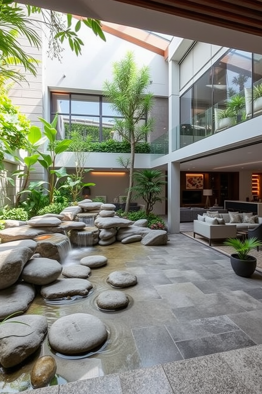 A tranquil Zen garden features smooth stones arranged harmoniously with gentle water features creating a serene atmosphere. Lush greenery surrounds the area, enhancing the sense of peace and relaxation. The open basement design showcases a spacious layout with modern furnishings and ample natural light. Cozy seating areas are complemented by stylish decor, making it a perfect space for entertainment and relaxation.