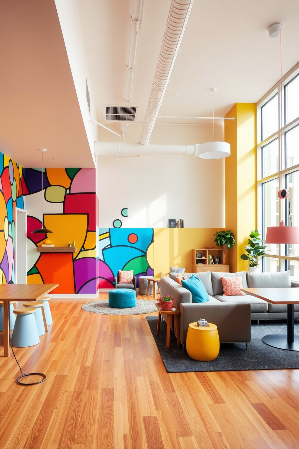 A colorful mural depicting abstract shapes and vibrant colors covers one wall of the basement, creating an energetic focal point. The rest of the space features a modern open layout with comfortable seating and playful decor elements that enhance the lively atmosphere. Large windows allow natural light to flood the area, making it feel bright and inviting. The flooring is a warm wood tone, adding a cozy contrast to the bold mural and creating a harmonious balance in the design.