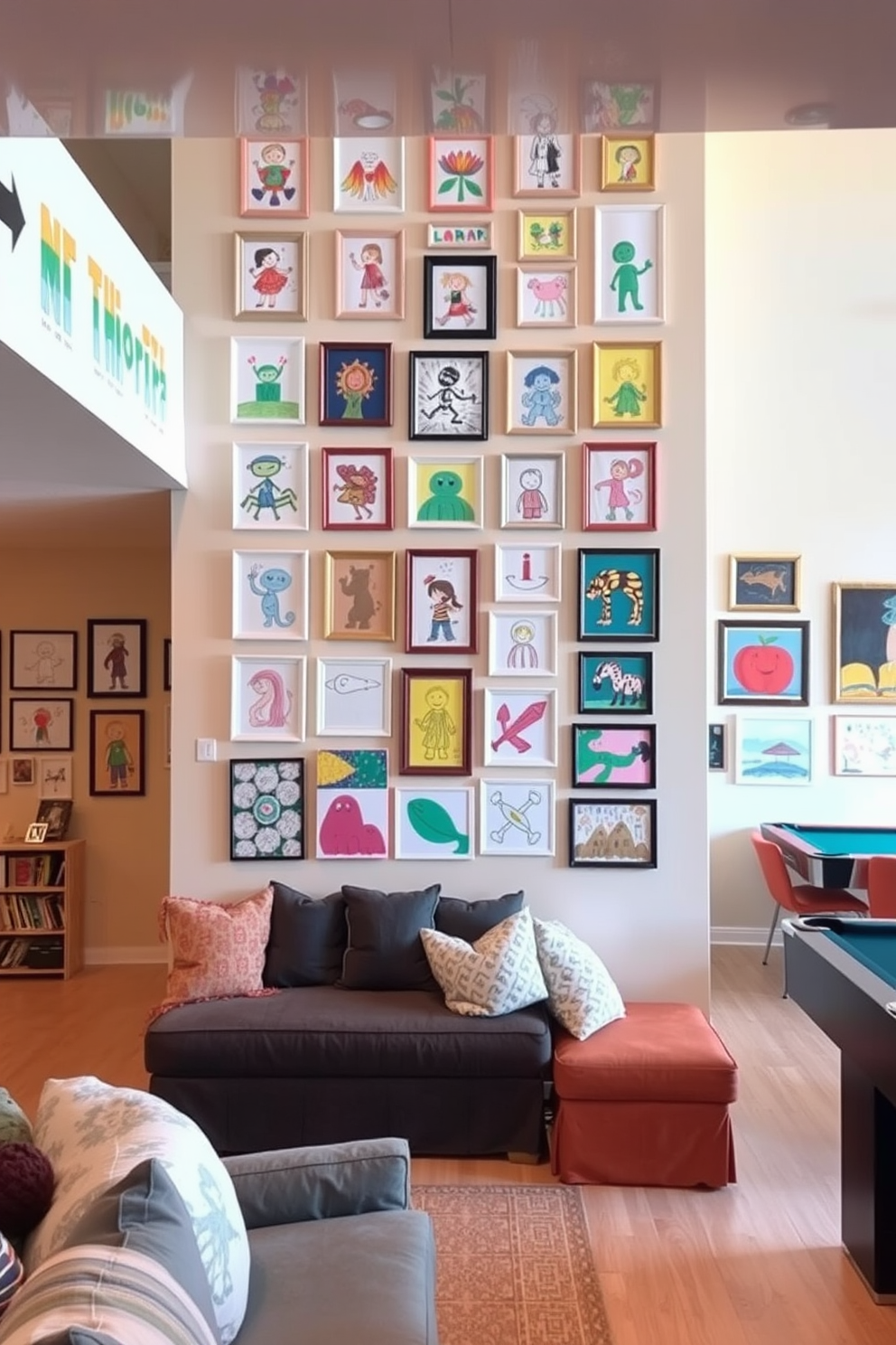 A vibrant children's art wall filled with colorful drawings and paintings. The wall is adorned with frames of various sizes, showcasing the creativity of the young artists. An inviting open basement design featuring a cozy lounge area with plush seating. The space includes a game corner with a pool table and bright lighting to create a cheerful atmosphere.