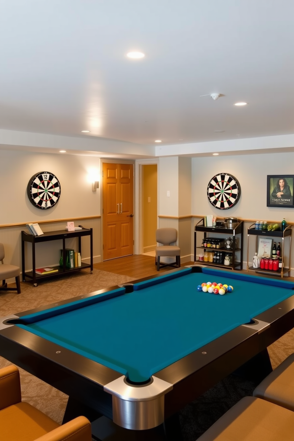 A stylish open basement designed for game night features a dedicated billiards area with a sleek pool table surrounded by comfortable seating. On one side, a dartboard is mounted on the wall, complemented by a small bar cart stocked with drinks and snacks for entertaining guests.