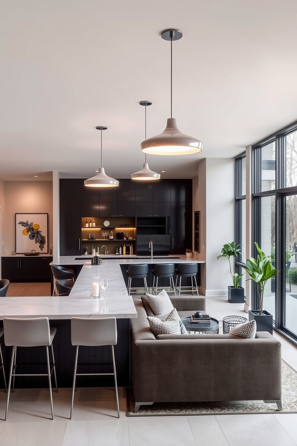 A modern kitchenette featuring sleek stainless steel appliances and minimalist cabinetry. The space is brightened by under-cabinet lighting and a stylish backsplash that complements the overall design. An open basement design that maximizes space and functionality. This area includes a cozy seating arrangement, a small kitchenette, and large windows that invite natural light.