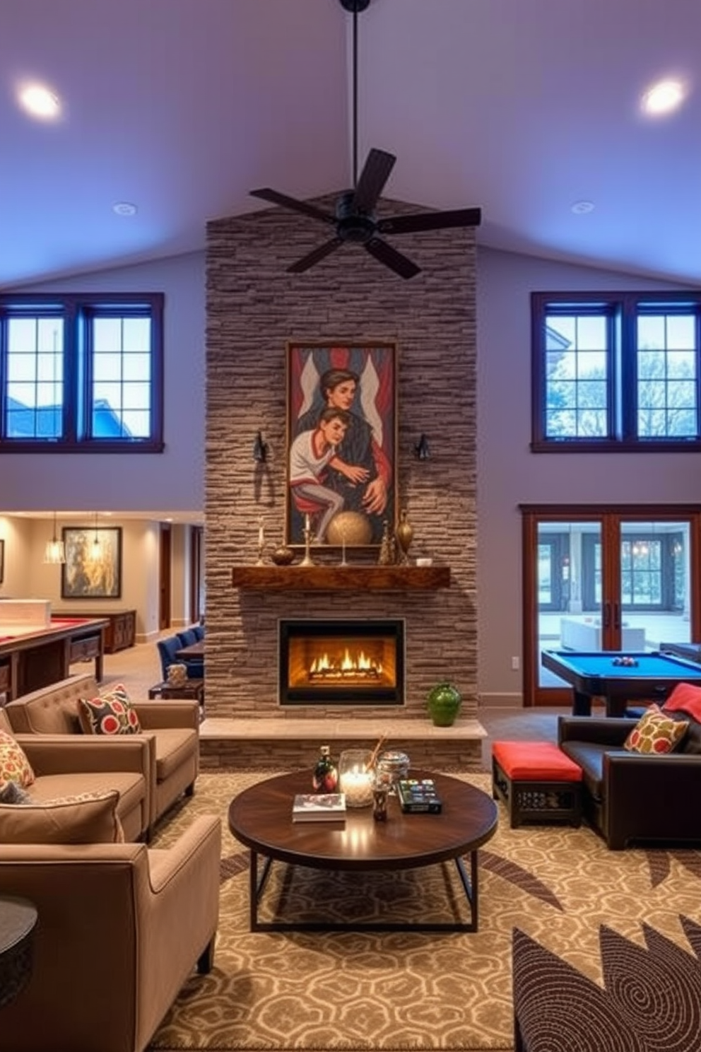 A warm and inviting fireplace serves as the focal point of the living area, surrounded by comfortable seating that encourages cozy gatherings. The mantel is adorned with tasteful decor, and the soft glow of the flames creates a welcoming atmosphere. An open basement design features a spacious layout that seamlessly connects a lounge area with a game room. Large windows allow natural light to flood the space, while stylish furnishings and vibrant accents enhance the overall aesthetic.