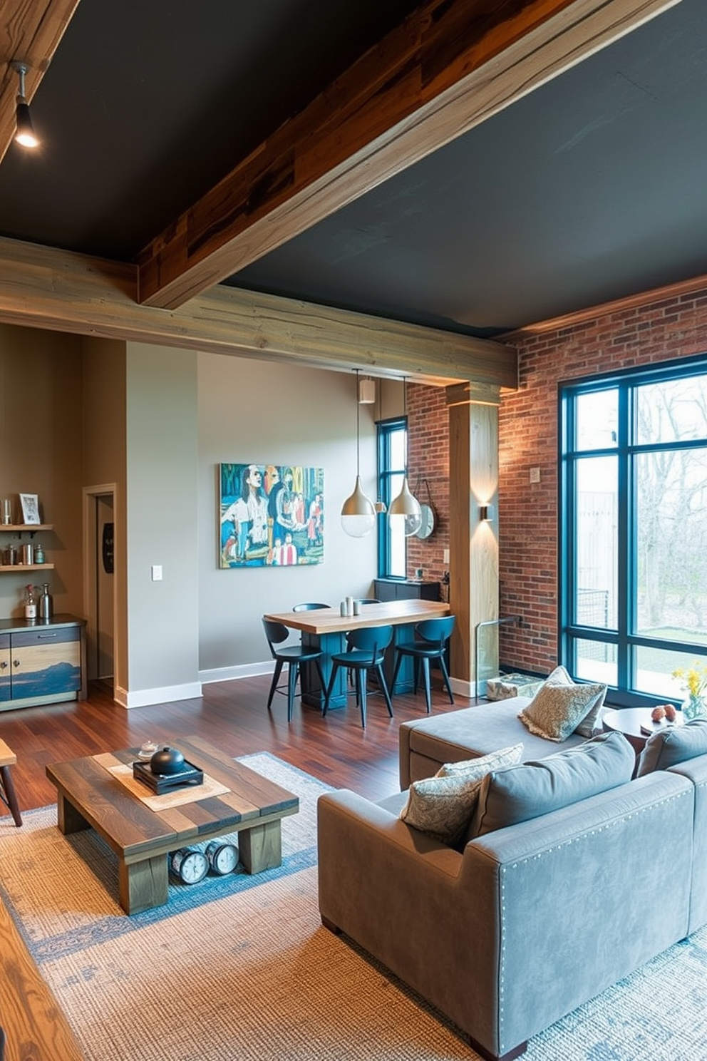 A sustainable living room featuring reclaimed wood beams and furniture crafted from recycled materials. The walls are adorned with eco-friendly paint in earthy tones, and large windows allow natural light to flood the space. An open basement layout with a cozy lounge area that includes a sectional sofa and a rustic coffee table. The design incorporates a wet bar made from reclaimed wood and features exposed brick walls for an industrial touch.