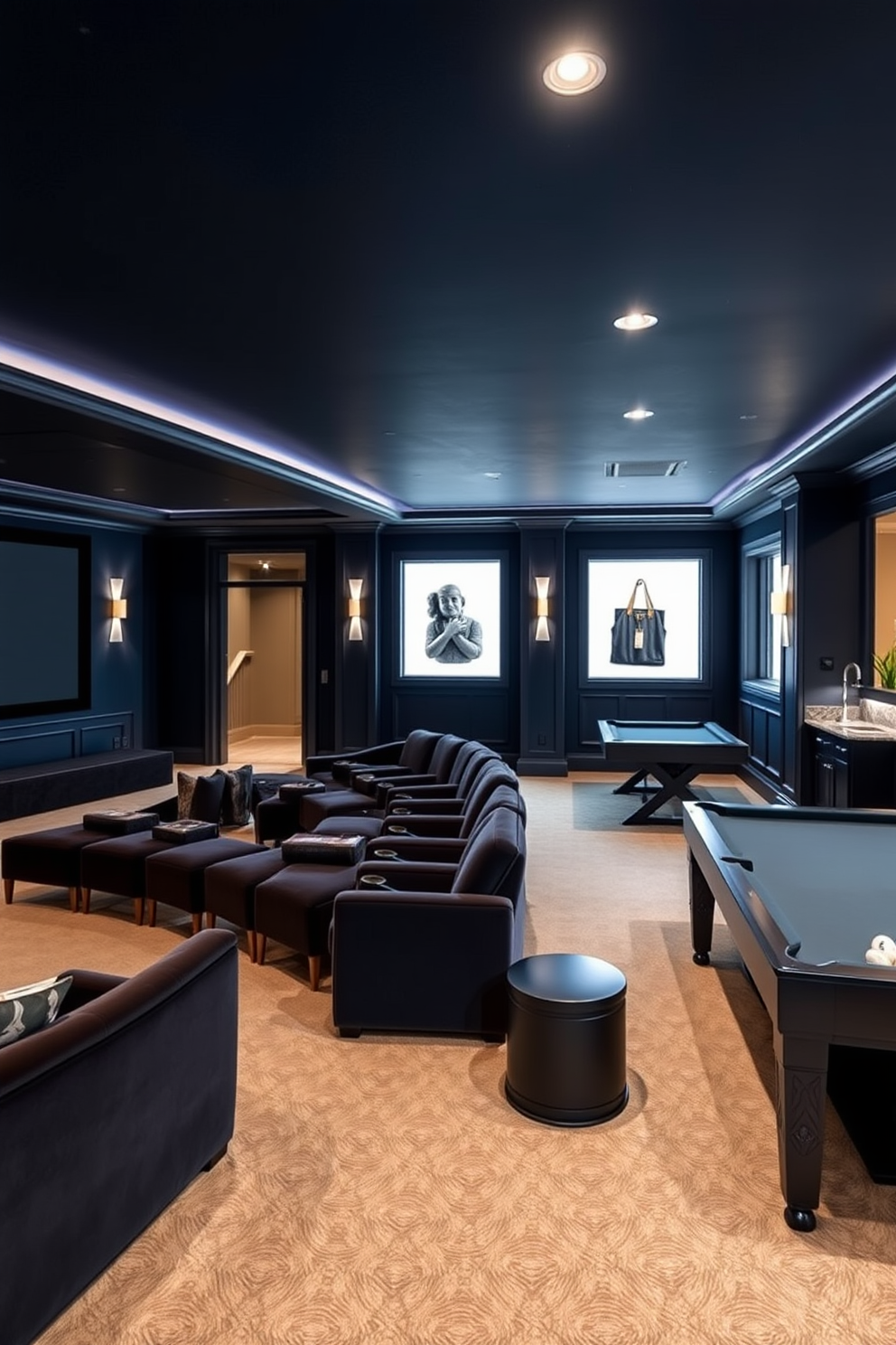 A luxurious home theater featuring plush velvet seating arranged in a semi-circle for optimal viewing. The walls are painted in a deep navy blue, complemented by soft ambient lighting and a large screen at the front. An open basement design that maximizes space and natural light with large windows and an airy layout. The area includes a cozy lounge with modern furniture, a small kitchenette, and a game area with a pool table.