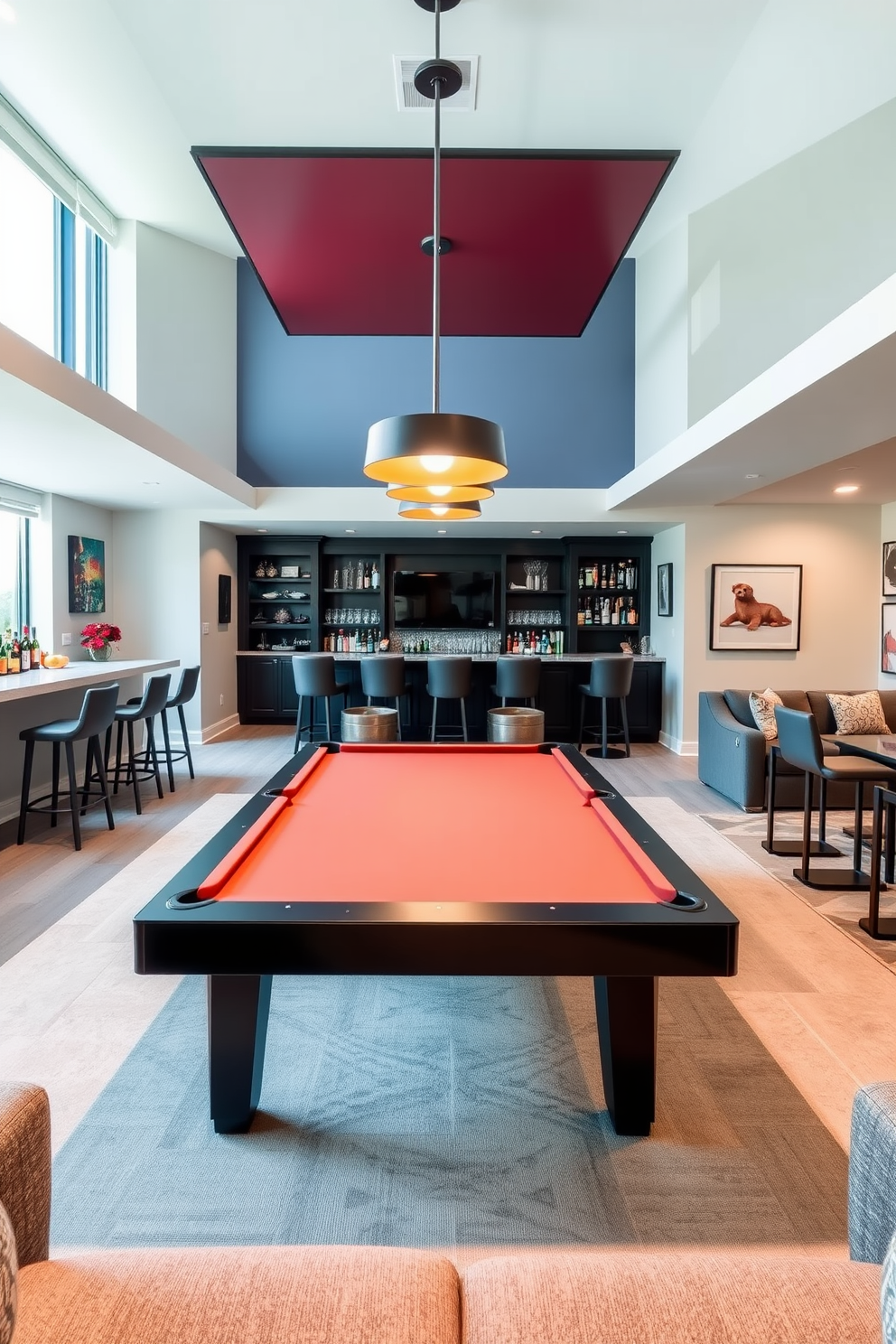 A vibrant game room featuring a sleek pool table at the center surrounded by comfortable seating. On one side, there is a stylish bar equipped with high stools, showcasing an array of bottles and glassware. An open basement design that maximizes space with a cozy lounge area and a home theater setup. Large windows allow natural light to flood in, while modern decor elements create a welcoming atmosphere.