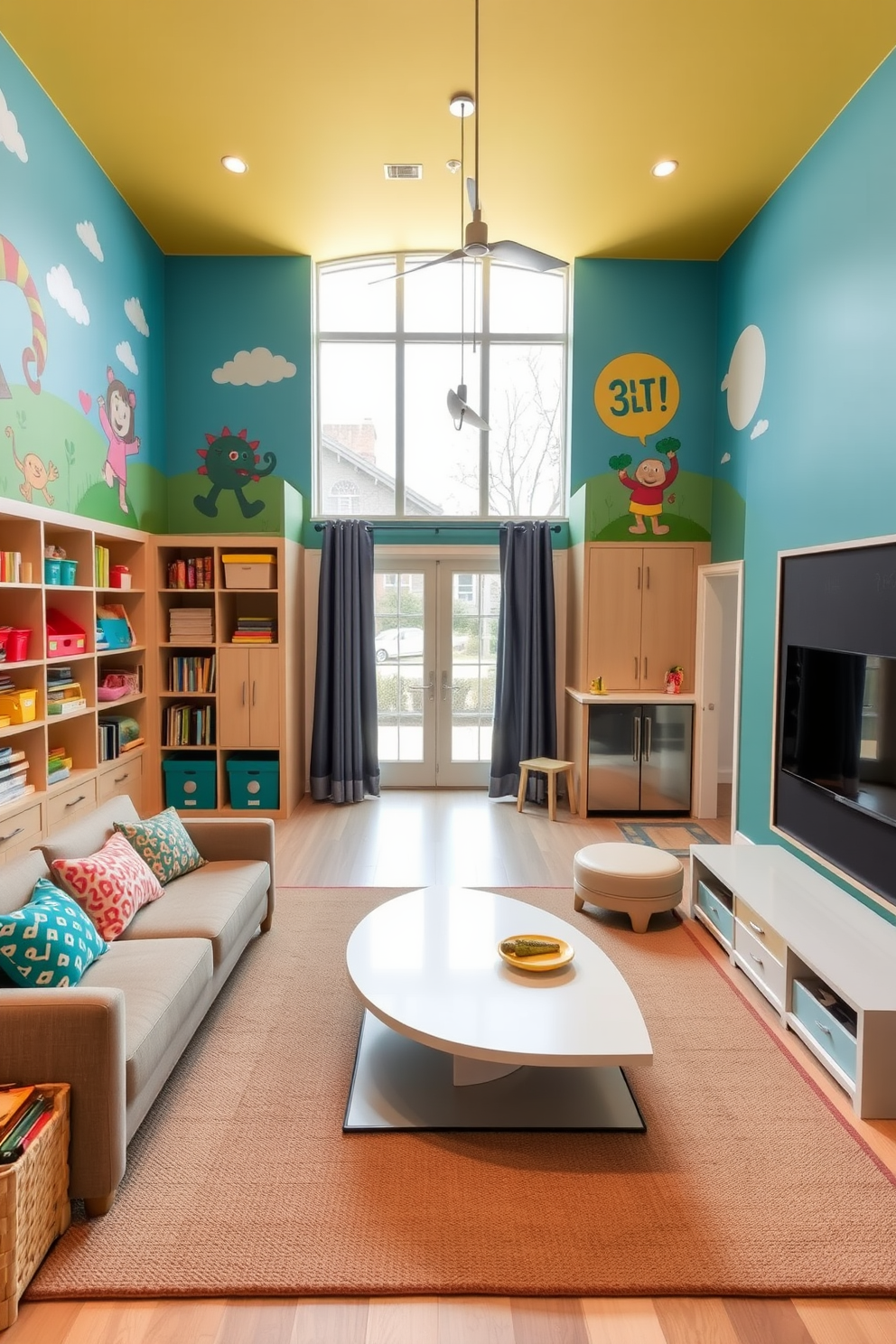 Bright playroom for kids with storage. The walls are painted in vibrant colors and feature playful murals. There are built-in shelves filled with toys and books, and a cozy reading nook with colorful cushions. A large area rug provides a soft play surface, and a chalkboard wall adds an interactive element. Open basement design ideas. The space is designed with an airy feel, featuring large windows that let in natural light. A comfortable seating area is arranged around a modern coffee table, and a small kitchenette is tucked into one corner for convenience. Stylish lighting fixtures enhance the ambiance, creating a welcoming atmosphere for gatherings.