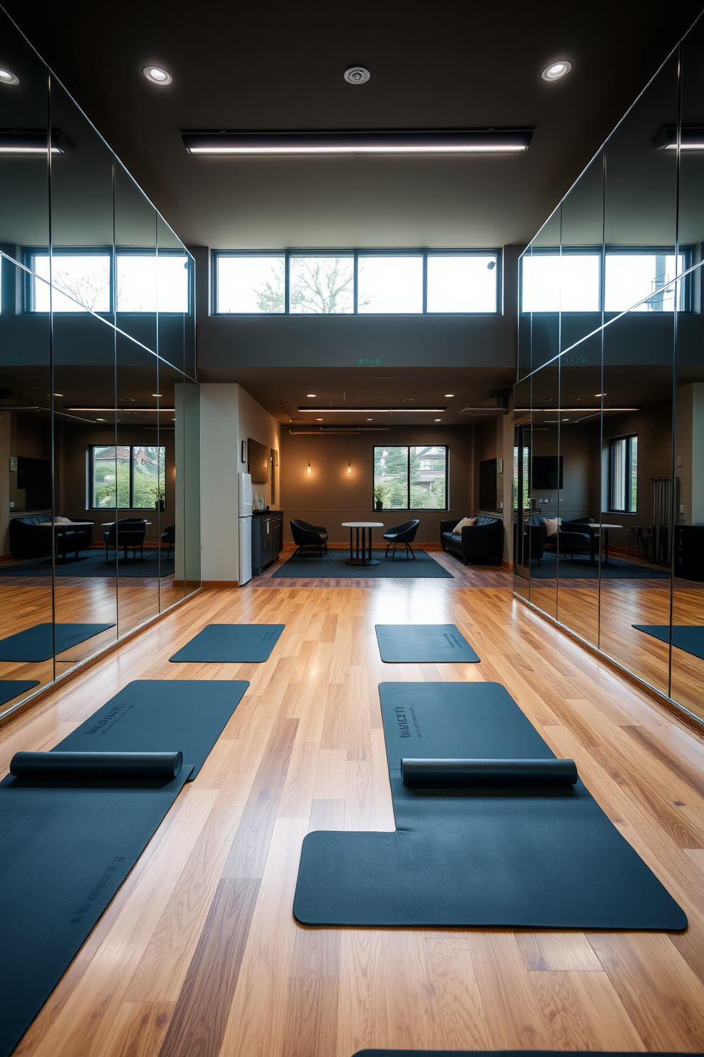 A modern gym featuring floor-to-ceiling mirrored walls that reflect the vibrant atmosphere. The space is equipped with high-quality exercise mats arranged neatly on a polished wooden floor. An open basement design that maximizes natural light with large windows and a seamless flow between spaces. The area includes a cozy lounge section with comfortable seating and a small kitchenette for convenience.