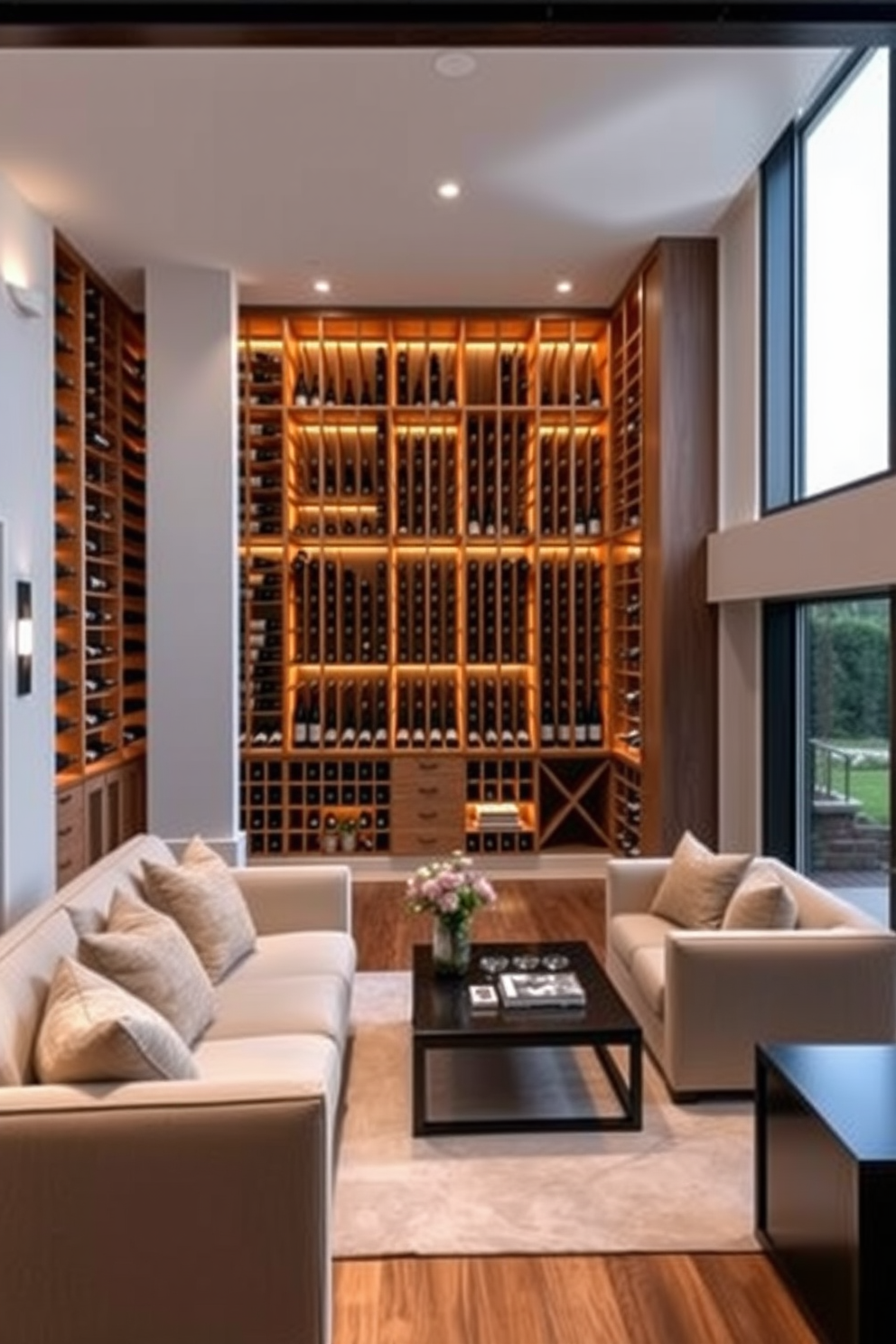 A luxurious wine cellar featuring elegant wooden racks that display a curated selection of fine wines. The space is illuminated by soft ambient lighting, creating a warm and inviting atmosphere. The open basement design includes a cozy seating area with plush sofas and a stylish coffee table. Large windows allow natural light to flood the space, enhancing the overall elegance and comfort of the environment.