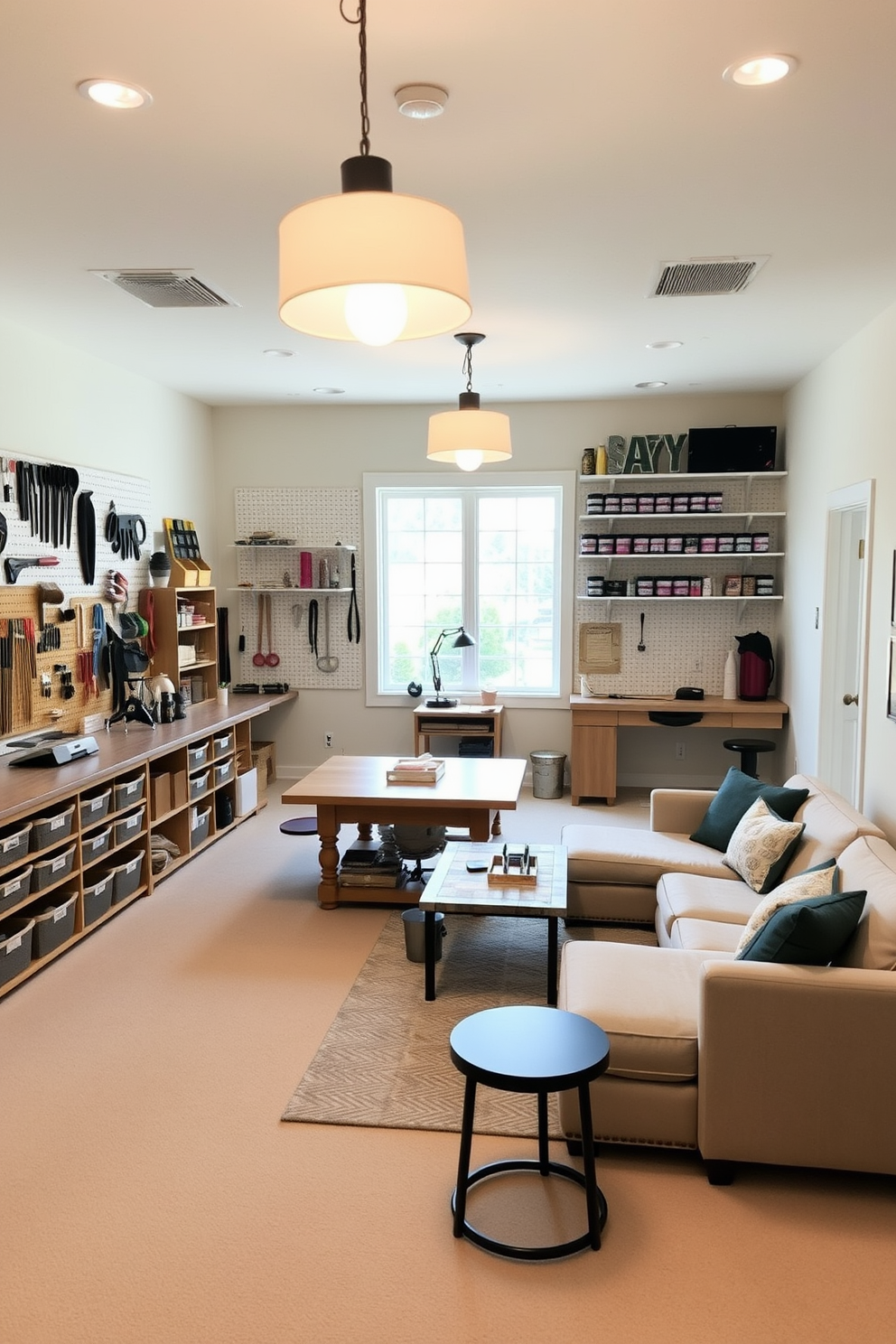 Craft room with organized workspace and supplies. The walls are painted in a soft pastel color with pegboards displaying various tools and materials. A large wooden table sits in the center, surrounded by shelves filled with neatly labeled bins and jars of craft supplies. Natural light streams in through a large window, creating an inviting atmosphere for creativity. Open basement design ideas. The space features a modern aesthetic with a cozy lounge area, complete with a sectional sofa and a stylish coffee table. Bright pendant lights hang from the ceiling, illuminating the open layout that includes a small kitchenette and a game area with a pool table.