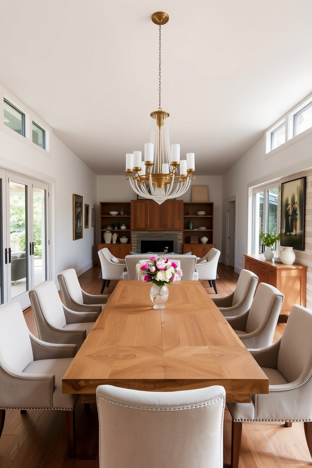 A natural wood dining table serves as the centerpiece of the open floor plan dining room, surrounded by elegant upholstered chairs in soft neutral tones. Large windows allow natural light to flood the space, highlighting the warm textures of the wood and creating a welcoming atmosphere. The walls are painted in a light, airy color that complements the natural elements, while a statement chandelier hangs above the table, adding a touch of sophistication. A carefully curated selection of decorative items, such as a vase of fresh flowers and artisanal dinnerware, enhances the inviting feel of the room.