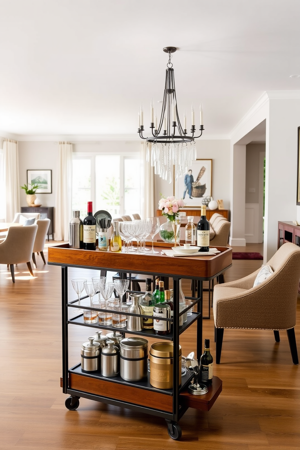 A stylish bar cart serves as a focal point in the dining area, featuring a sleek design with a mix of metal and wood. It is adorned with an array of glassware, cocktail shakers, and a selection of fine spirits, enhancing the entertaining experience. The open floor plan dining room is bathed in natural light, showcasing a large wooden dining table surrounded by upholstered chairs. The space is defined by a statement chandelier above the table, complementing the modern decor and creating an inviting atmosphere.