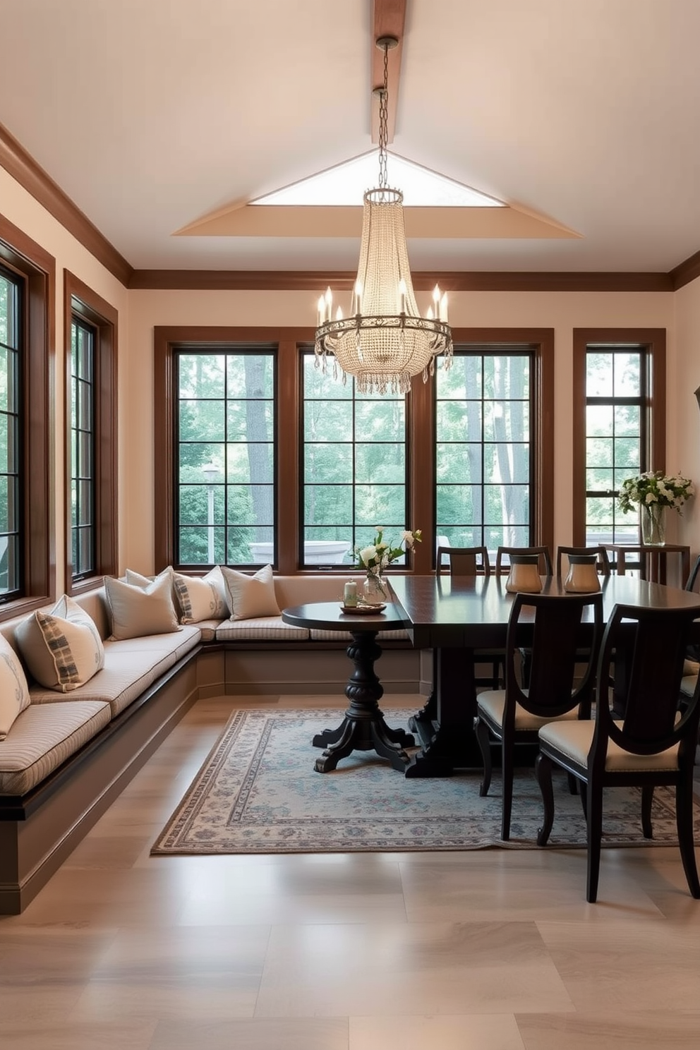 A spacious dining room features an open floor plan with large windows allowing natural light to flood the space. The dining table is a sleek wooden design surrounded by upholstered chairs in a soft neutral fabric. On one wall, a large piece of abstract artwork serves as a striking focal point, drawing the eye and enhancing the room's contemporary aesthetic. Pendant lights hang above the table, adding warmth and creating an inviting atmosphere for gatherings.