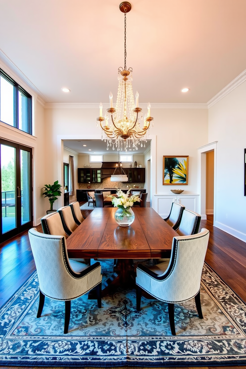 A stunning open floor plan dining room features a large wooden dining table surrounded by elegant upholstered chairs. Above the table, a statement chandelier with crystal accents illuminates the space, creating a focal point that draws the eye upward. The walls are painted in a soft neutral tone, enhancing the airy feel of the room. Large windows allow natural light to flood in, while a stylish area rug anchors the dining area, adding warmth and texture to the design.