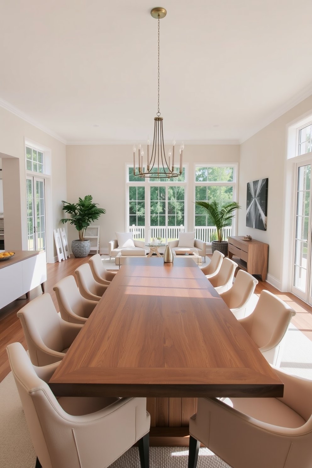 A serene open floor plan dining room features a large wooden table surrounded by upholstered chairs in soft beige tones. Large windows allow natural light to flood the space, highlighting the neutral color palette of cream and taupe on the walls and decor.