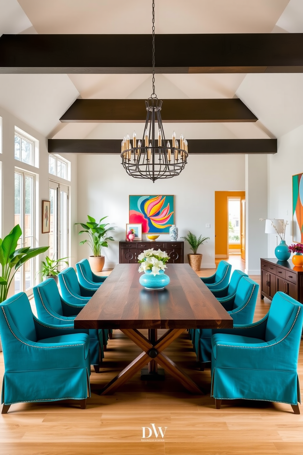 A bright and airy open floor plan dining room features a large wooden table surrounded by upholstered chairs in a vibrant teal fabric. A statement chandelier hangs above the table, and colorful artwork adorns the walls, adding personality and warmth to the space. Large windows allow natural light to flood in, highlighting a stylish sideboard against one wall. Potted plants and decorative accessories in bold colors are strategically placed to enhance the overall aesthetic and create a lively atmosphere.