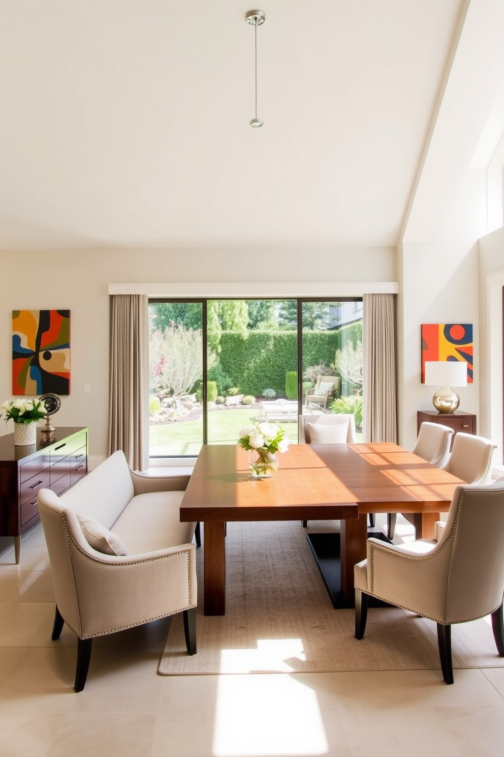 A spacious open floor plan dining room features a large wooden table surrounded by comfortable upholstered chairs. A stylish bench is placed along one side of the table, providing flexible seating options for gatherings and family meals. The room is filled with natural light from large windows that overlook a beautifully landscaped garden. Neutral tones on the walls are complemented by colorful artwork, adding a vibrant touch to the elegant space.