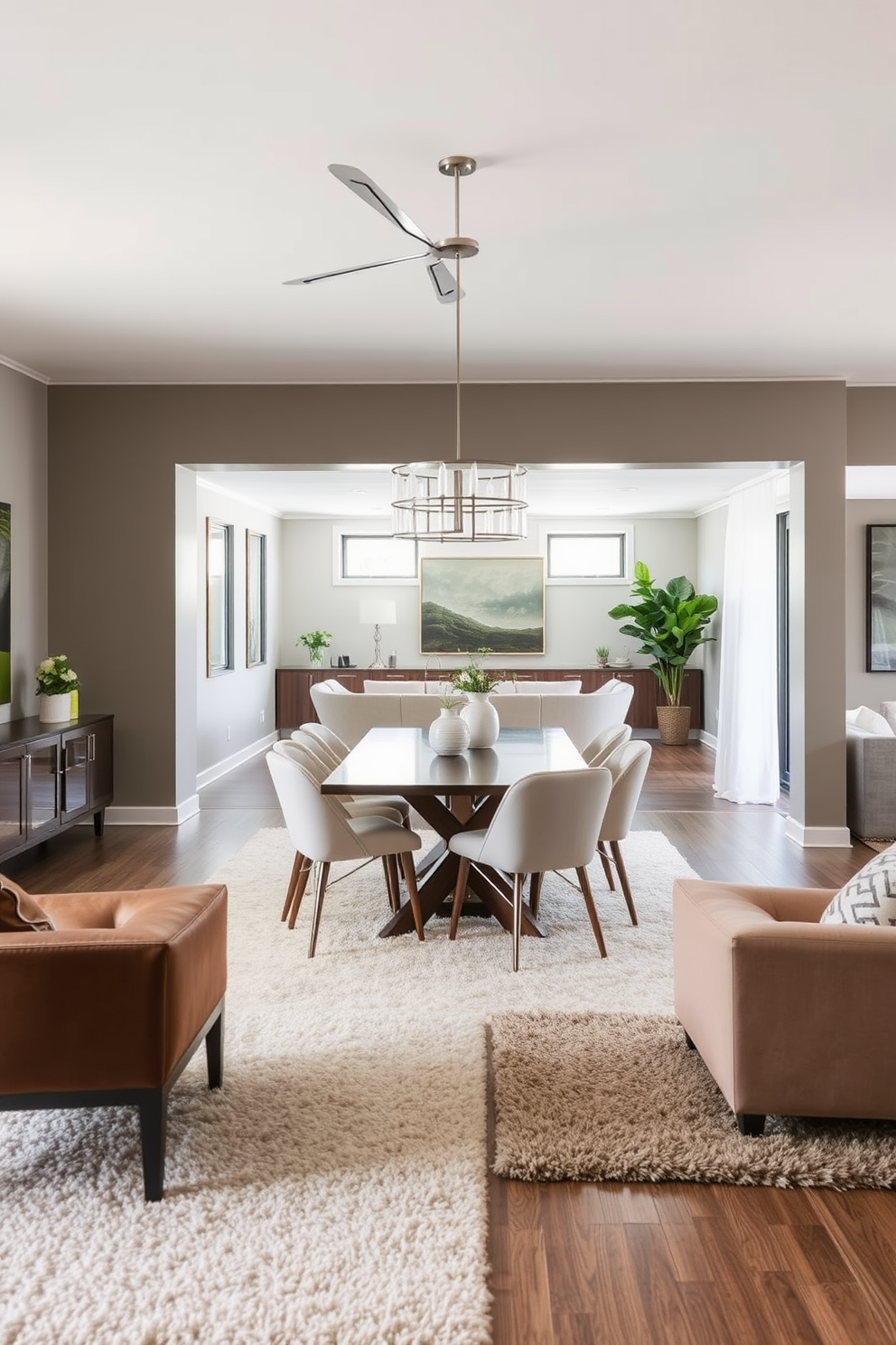 A stylish open floor plan dining room features a drop-leaf table that can be easily expanded for entertaining guests. Surrounding the table are a mix of modern and vintage chairs, creating an inviting and eclectic atmosphere. Natural light floods the space through large windows, highlighting the warm wood tones of the flooring and the soft neutral color palette of the walls. A statement pendant light hangs above the table, adding a touch of elegance to the casual dining experience.