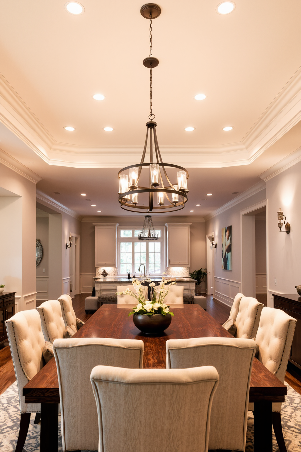 A spacious open floor plan dining room features a large area rug that defines the dining space. The rug is adorned with intricate patterns and rich colors, complementing the surrounding decor and creating a cozy atmosphere. The dining table is a striking centerpiece made of reclaimed wood, surrounded by elegant upholstered chairs. Large windows allow natural light to flood the room, highlighting the contemporary chandelier hanging above the table.