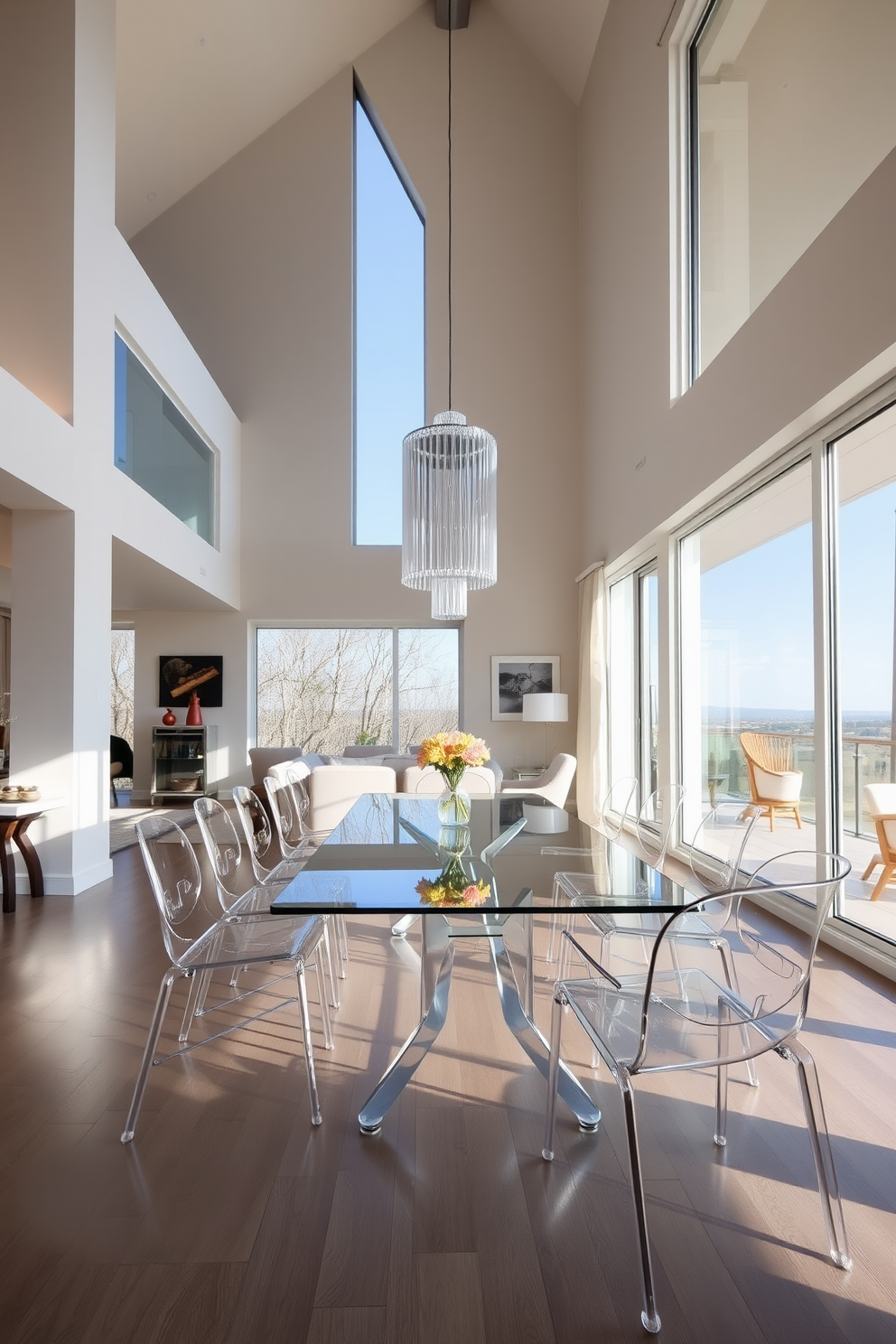 A spacious dining room with an open floor plan featuring transparent furniture to enhance the sense of openness. The dining table is made of clear acrylic, surrounded by stylish transparent chairs that blend seamlessly with the surroundings. Natural light floods the room through large windows, illuminating the space and creating a warm atmosphere. A statement pendant light hangs above the table, adding a touch of elegance to the airy design.