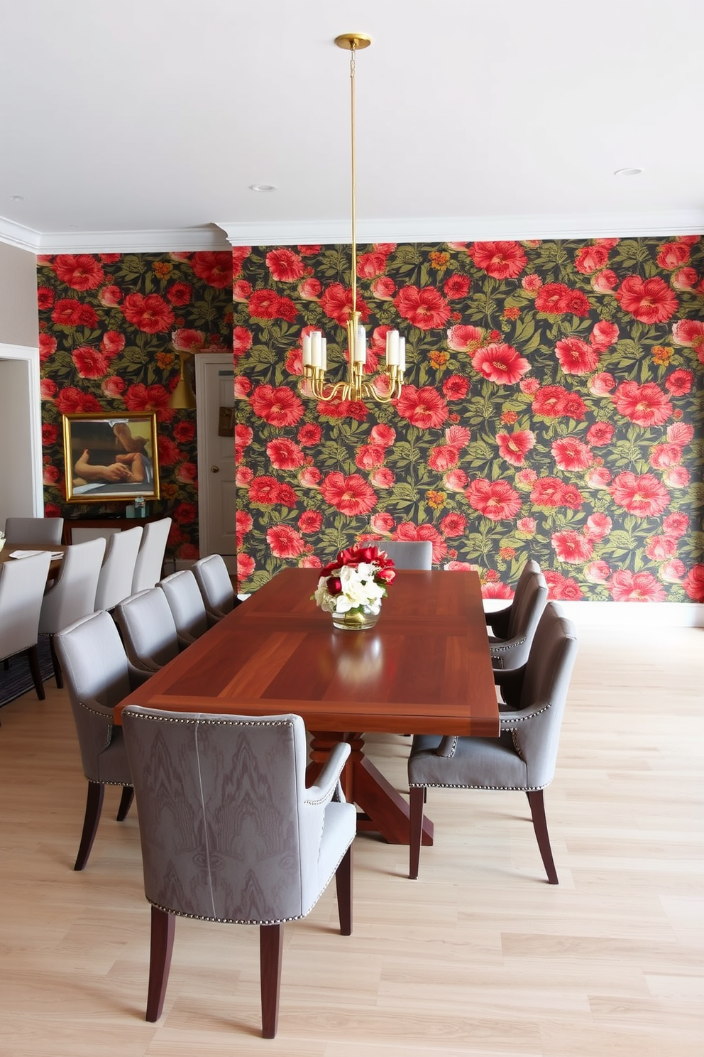 A spacious dining room features an open floor plan with a large wooden dining table surrounded by upholstered chairs. The accent wall is adorned with bold wallpaper showcasing a vibrant floral pattern, adding a touch of elegance to the space.