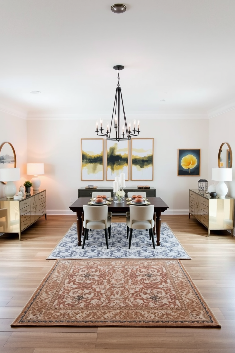 Create a spacious open floor plan dining room that emphasizes symmetry in decor placement. The dining table is centered under a modern chandelier, with matching chairs on either side and decorative elements balanced on each end. Incorporate a large area rug that defines the dining space, complemented by two stylish sideboards flanking the room. Use neutral tones for the walls and furnishings, with pops of color in the artwork and table settings to create a cohesive look.