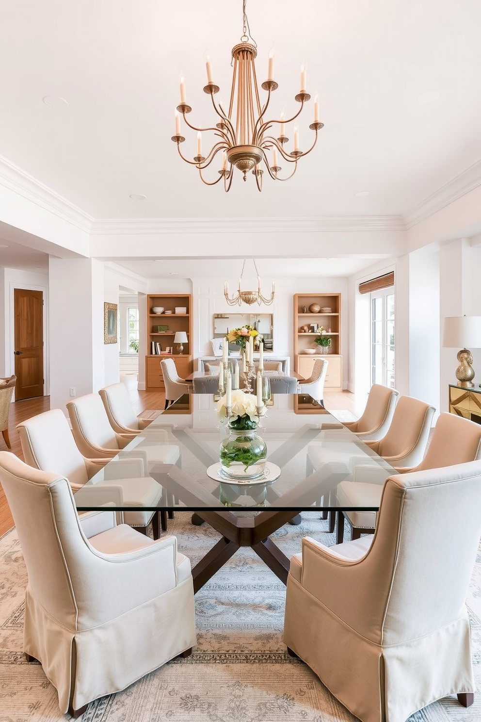 A cozy open floor plan dining room features a large wooden table surrounded by upholstered chairs in soft neutral tones. A stylish fireplace is integrated into one wall, providing warmth and ambiance, while large windows allow natural light to flood the space.