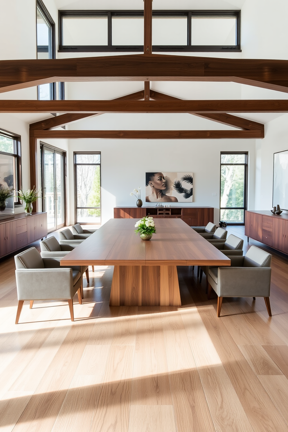 A spacious open floor plan dining room features a large wooden dining table surrounded by elegantly upholstered chairs. Decorative trays are artfully arranged on the table, showcasing a mix of candles, fresh flowers, and stylish tableware for an organized yet inviting atmosphere. The walls are painted in a soft neutral tone, complementing the warm wood tones of the furniture. Large windows allow natural light to flood the space, enhancing the airy feel and highlighting the carefully curated decor throughout the room.