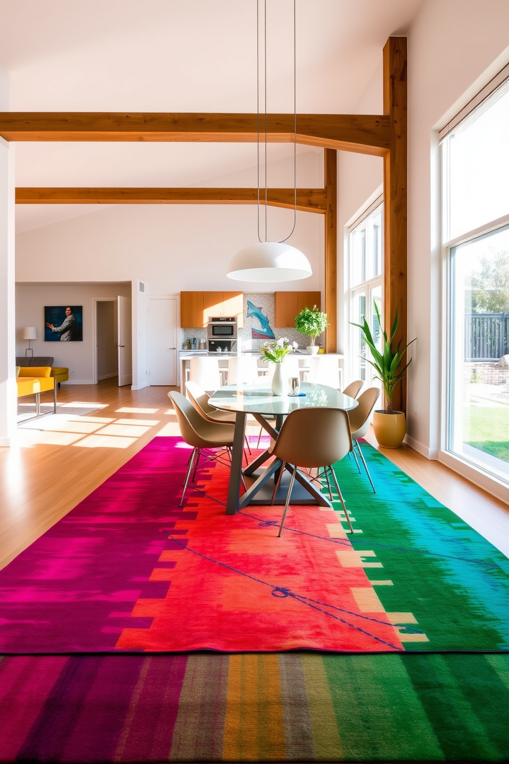 A colorful area rug defines the dining space, adding warmth and vibrancy to the room. The open floor plan features a stylish dining table surrounded by modern chairs, with natural light streaming in through large windows.