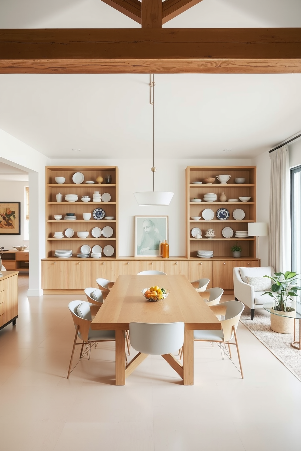 A bright and airy dining room features open shelves elegantly showcasing an array of decorative dishes. The shelves are crafted from light wood and positioned against a soft white wall, creating a harmonious focal point. The open floor plan allows for seamless flow between the dining area and adjacent living space. A large wooden dining table sits at the center, surrounded by stylish chairs that complement the overall aesthetic.