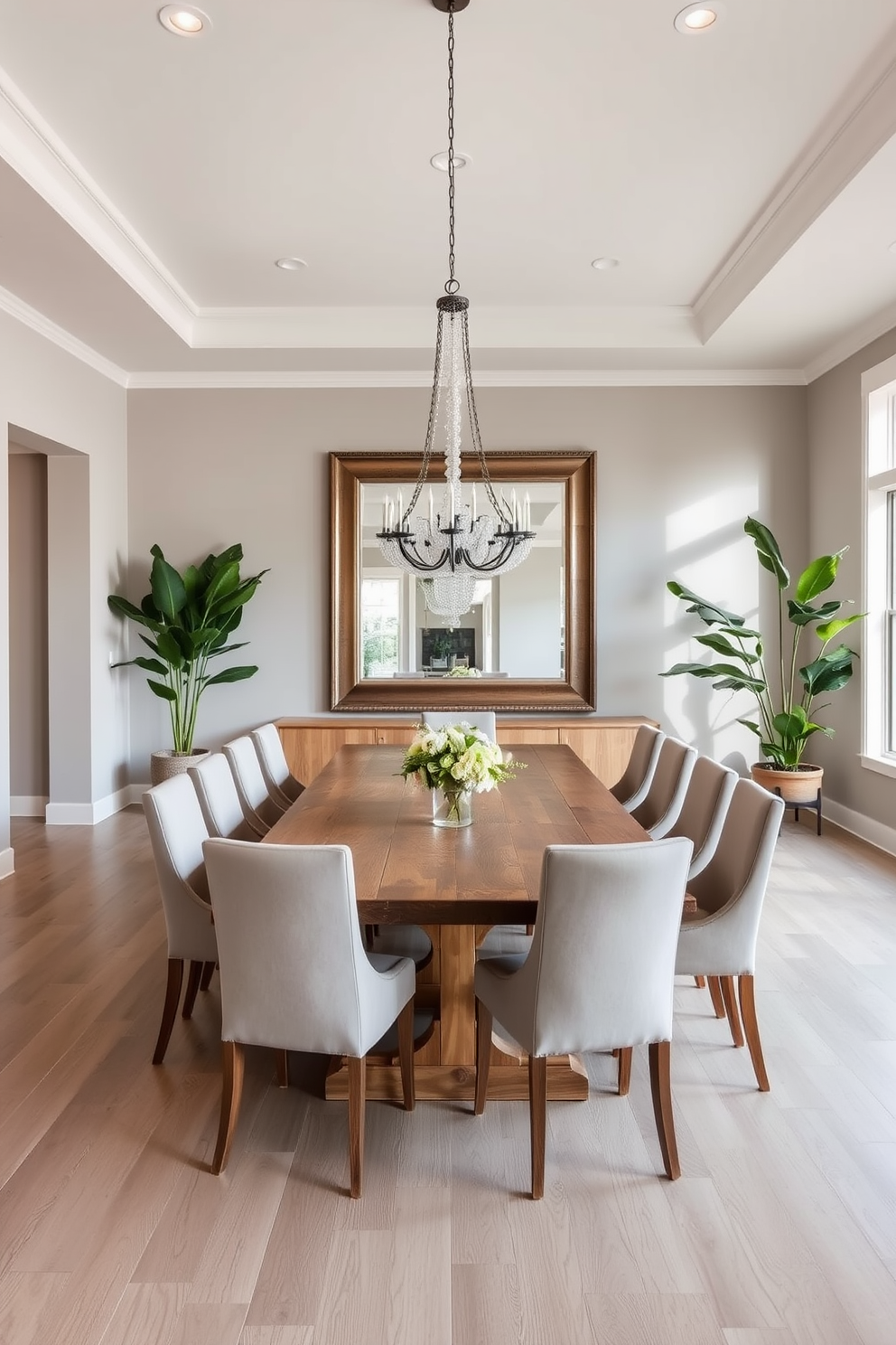 A spacious open floor plan dining room features a large rectangular table made of reclaimed wood surrounded by upholstered chairs in a soft neutral fabric. A stunning oversized mirror is mounted on the wall opposite the table, creating a sense of depth and enhancing the natural light that floods the space. The walls are painted in a warm light gray, complemented by a statement chandelier that hangs above the table, adding an elegant touch. Potted greenery is strategically placed in the corners, bringing life to the room and creating a fresh, inviting atmosphere.