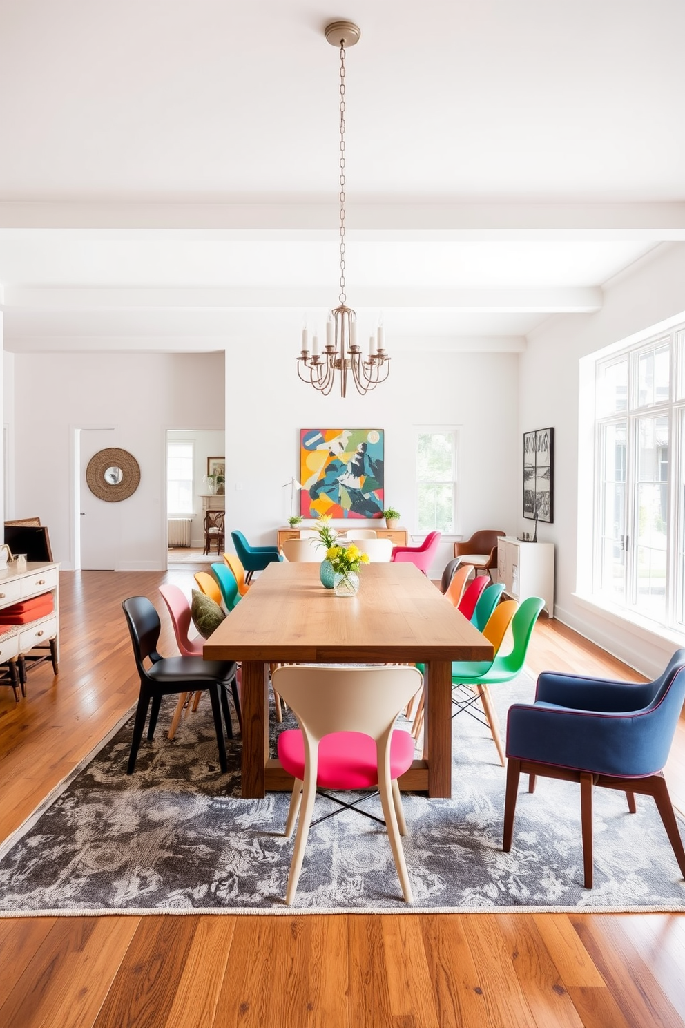 A vibrant dining room featuring a large wooden table surrounded by an eclectic mix of dining chairs in various colors and styles. The space is illuminated by a modern chandelier hanging above the table, and large windows allow natural light to flood the room. The walls are painted in a soft white hue, creating a bright and airy atmosphere. A stylish area rug anchors the dining area, adding warmth and texture to the open floor plan.