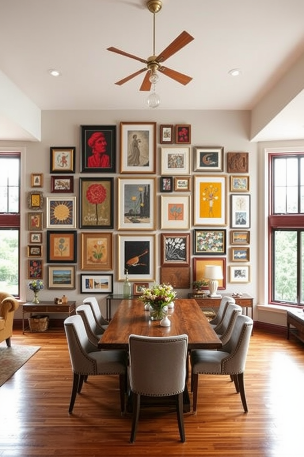 A spacious open floor plan dining room features a large wooden table surrounded by elegant upholstered chairs. The walls are painted in a soft cream color, and large windows allow natural light to flood the space, highlighting the open shelving adorned with decorative dishes and plants. The open shelving is strategically placed along one wall, showcasing an array of curated items that add personality to the room. A stylish pendant light hangs above the dining table, creating a warm and inviting atmosphere for gatherings.