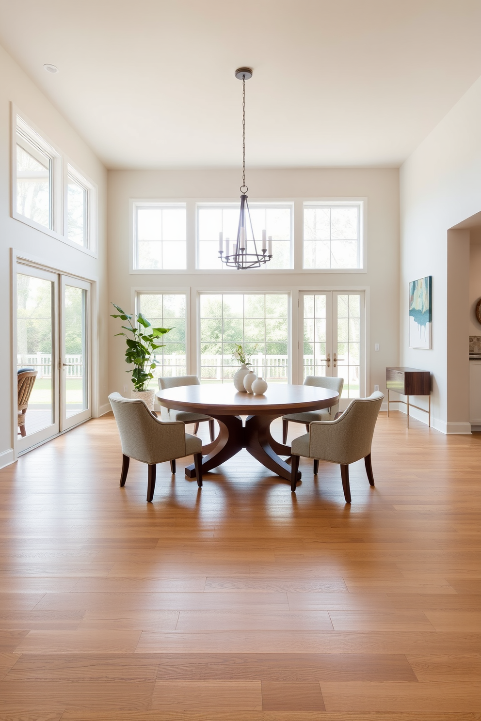 A modern open floor plan dining room featuring glass partitions that provide subtle separation from the living area. The space is adorned with a large wooden dining table surrounded by elegant upholstered chairs, complemented by a stylish chandelier overhead.