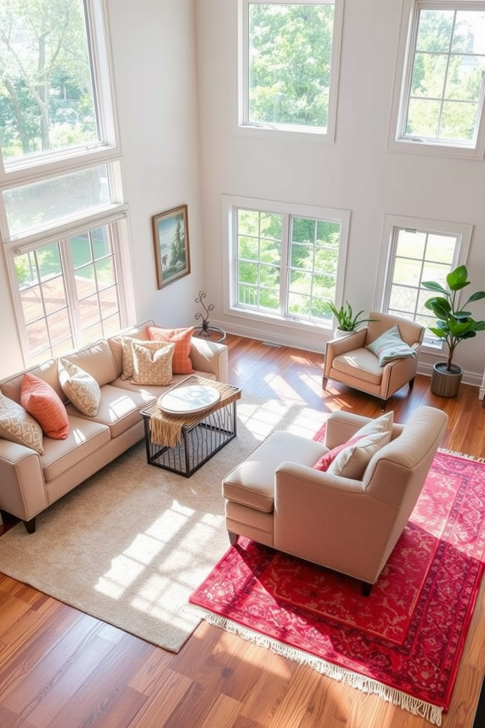 Create a warm and inviting open floor plan living room that features distinct zones defined by area rugs. The main seating area includes a plush sectional sofa in a neutral tone, complemented by a large area rug with a geometric pattern that anchors the space. Adjacent to the seating area, a cozy reading nook is created with a comfortable armchair and a small side table, all placed on a vibrant, contrasting rug that adds a pop of color. Natural light floods the room through large windows, highlighting the layered textures of throw pillows and blankets that enhance the overall design.