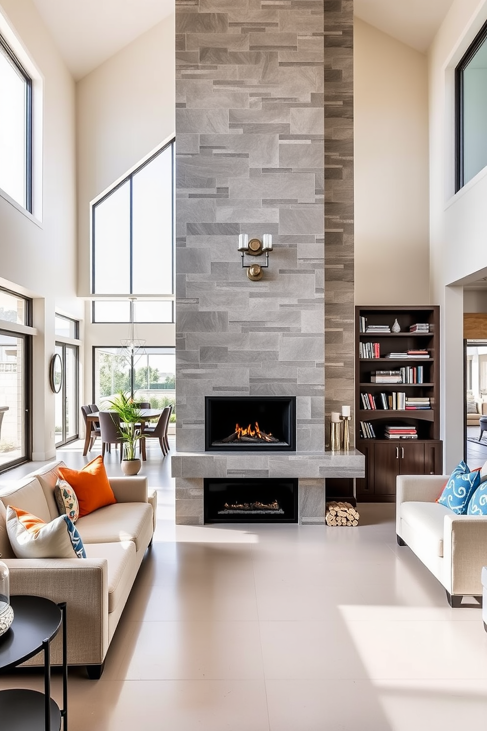 A spacious open floor plan living room features a blend of textures and materials to create visual interest and depth. The room is anchored by a plush area rug that complements the hardwood flooring, while a sectional sofa upholstered in a rich fabric invites relaxation. A statement coffee table made of reclaimed wood sits at the center, surrounded by sleek metal accent tables. Large windows allow natural light to flood the space, highlighting the contrasting colors of the throw pillows and artwork adorning the walls.