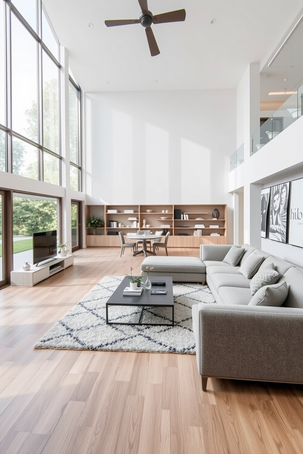 A spacious living room with an open floor plan featuring large windows that allow natural light to flood the space. The room includes a comfortable sectional sofa in a neutral tone, paired with a sleek coffee table and a plush area rug. Incorporate open shelving along one wall to showcase decorative items and books, adding personality to the space. The color palette consists of soft grays and warm wood tones, creating a cozy yet modern atmosphere.