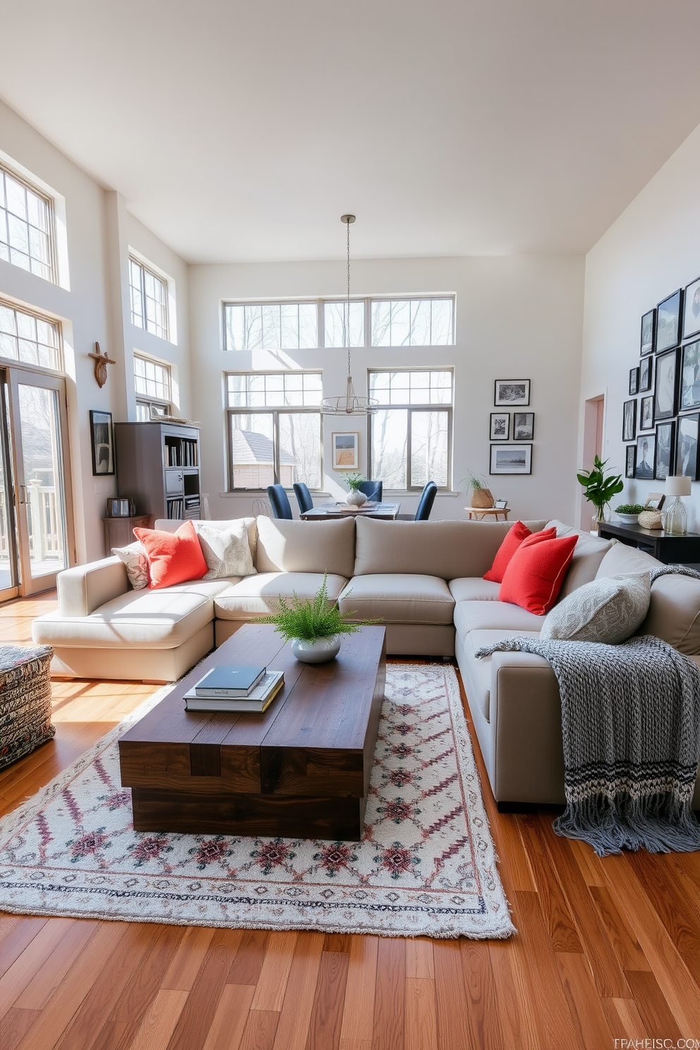 A spacious open floor plan living room features a harmonious blend of modern and rustic decor elements. The focal point is a large sectional sofa in a neutral tone, accented with vibrant throw pillows and a textured knit blanket. Natural light floods the space through expansive windows, illuminating a stylish coffee table made of reclaimed wood. A cozy area rug anchors the seating arrangement, while a gallery wall showcases an eclectic mix of artwork and photographs.