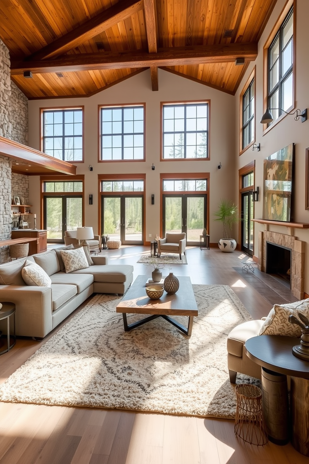 A spacious open floor plan living room features a cozy sectional sofa adorned with textured throw pillows and a soft area rug that adds warmth to the space. Large windows allow natural light to flood in, highlighting the rich wooden beams on the ceiling and the mix of stone and wood elements throughout the room. The color palette combines neutral tones with vibrant accents, creating a harmonious balance. A stylish coffee table sits at the center, surrounded by unique decorative elements that invite conversation and enhance the overall aesthetic.