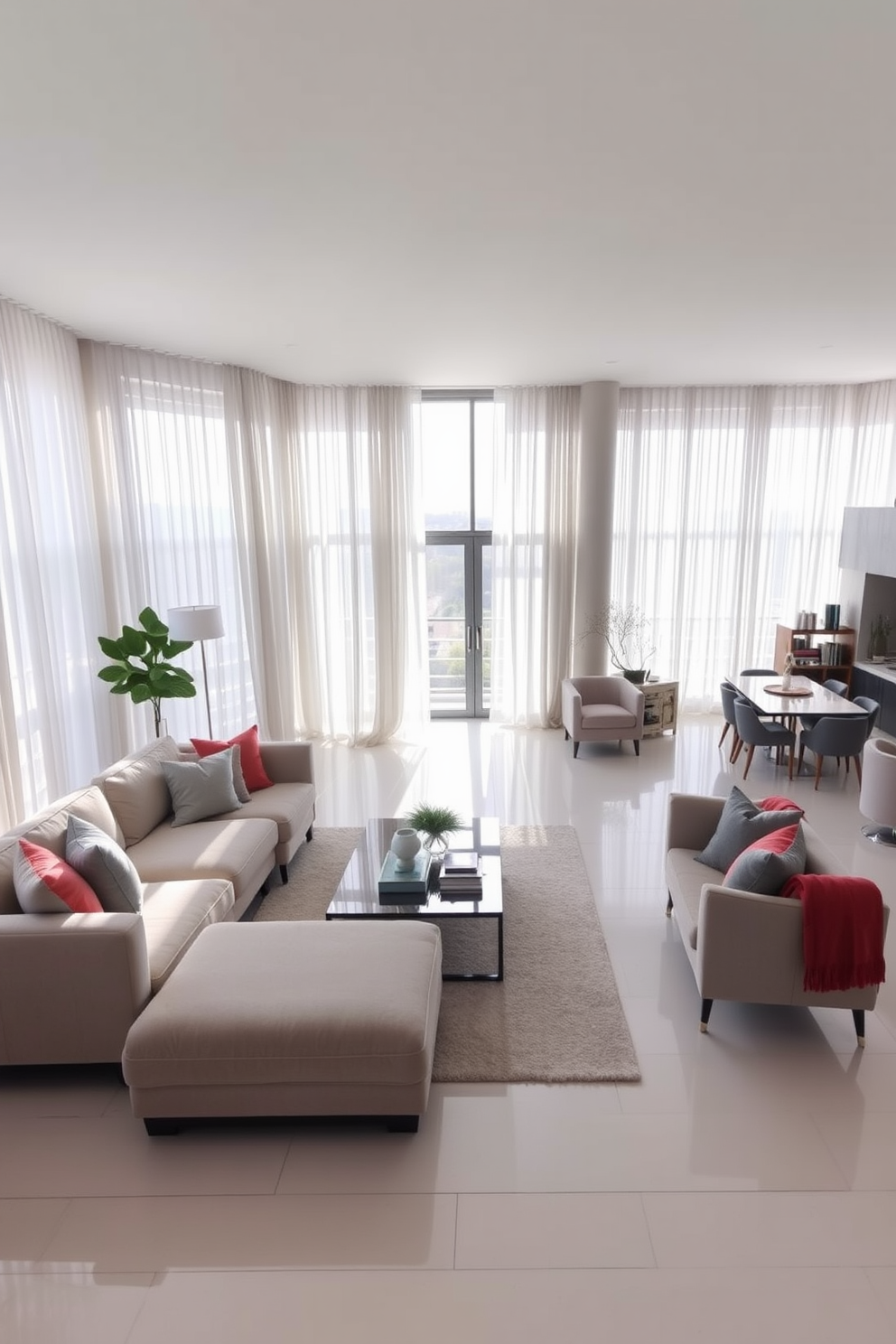 A spacious open floor plan living room features large windows adorned with soft, flowing curtains that gently diffuse natural light throughout the space. The room is furnished with a plush sectional sofa in a neutral tone, accented by colorful throw pillows and a stylish coffee table at the center. The layout encourages easy movement between the living area and adjacent dining space, with a sleek dining table set for entertaining. A cozy reading nook is created in one corner with a comfortable armchair and a small bookshelf, enhancing the inviting atmosphere of the room.