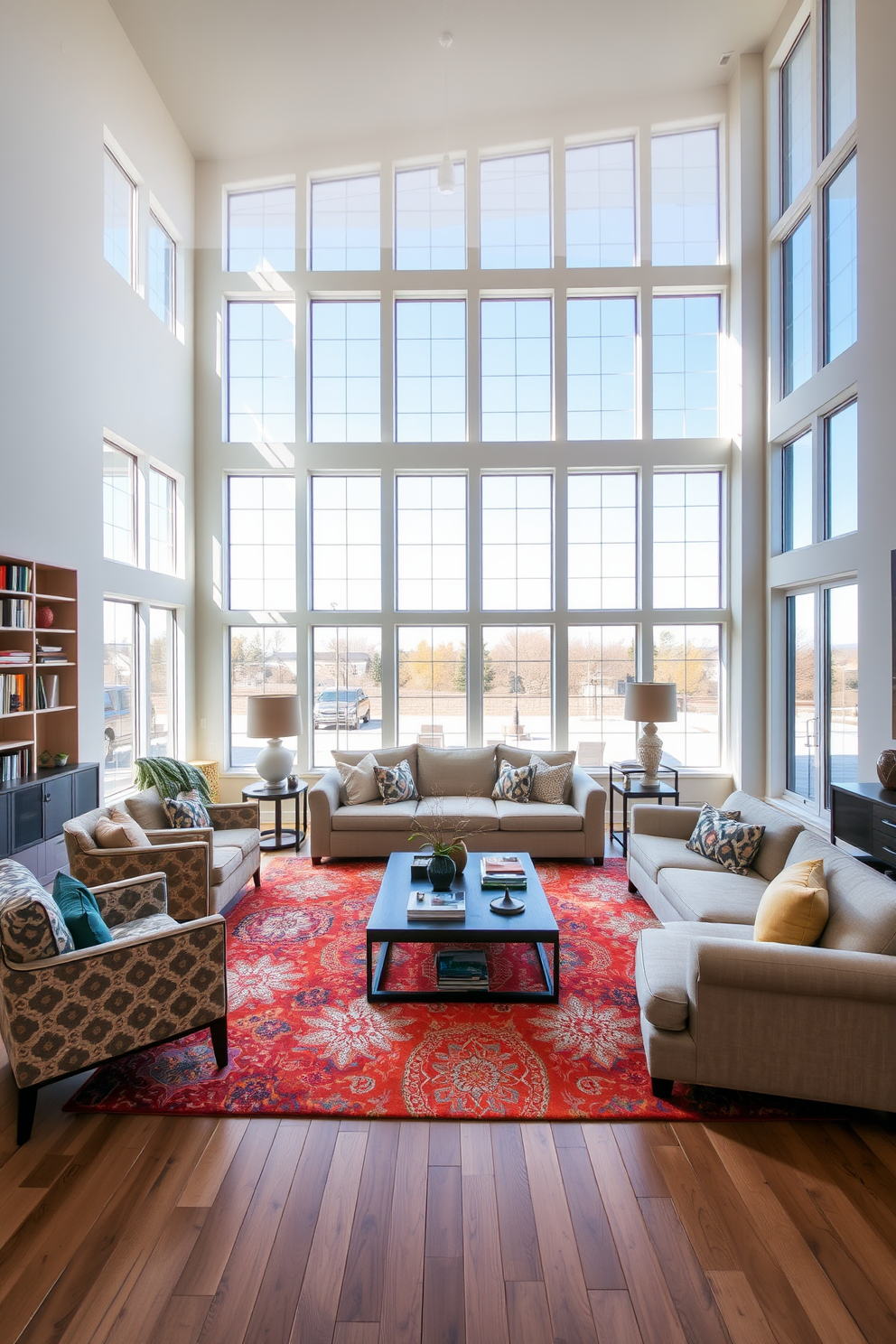 A spacious living room with an open floor plan featuring large windows that let in natural light. The room is furnished with a plush sectional sofa in a neutral color, complemented by a vibrant area rug and a stylish coffee table. Artwork is displayed prominently on the walls, showcasing a mix of contemporary and abstract pieces that add personality to the space. A cozy reading nook is created by placing a comfortable armchair next to a floor lamp, inviting relaxation and creativity.