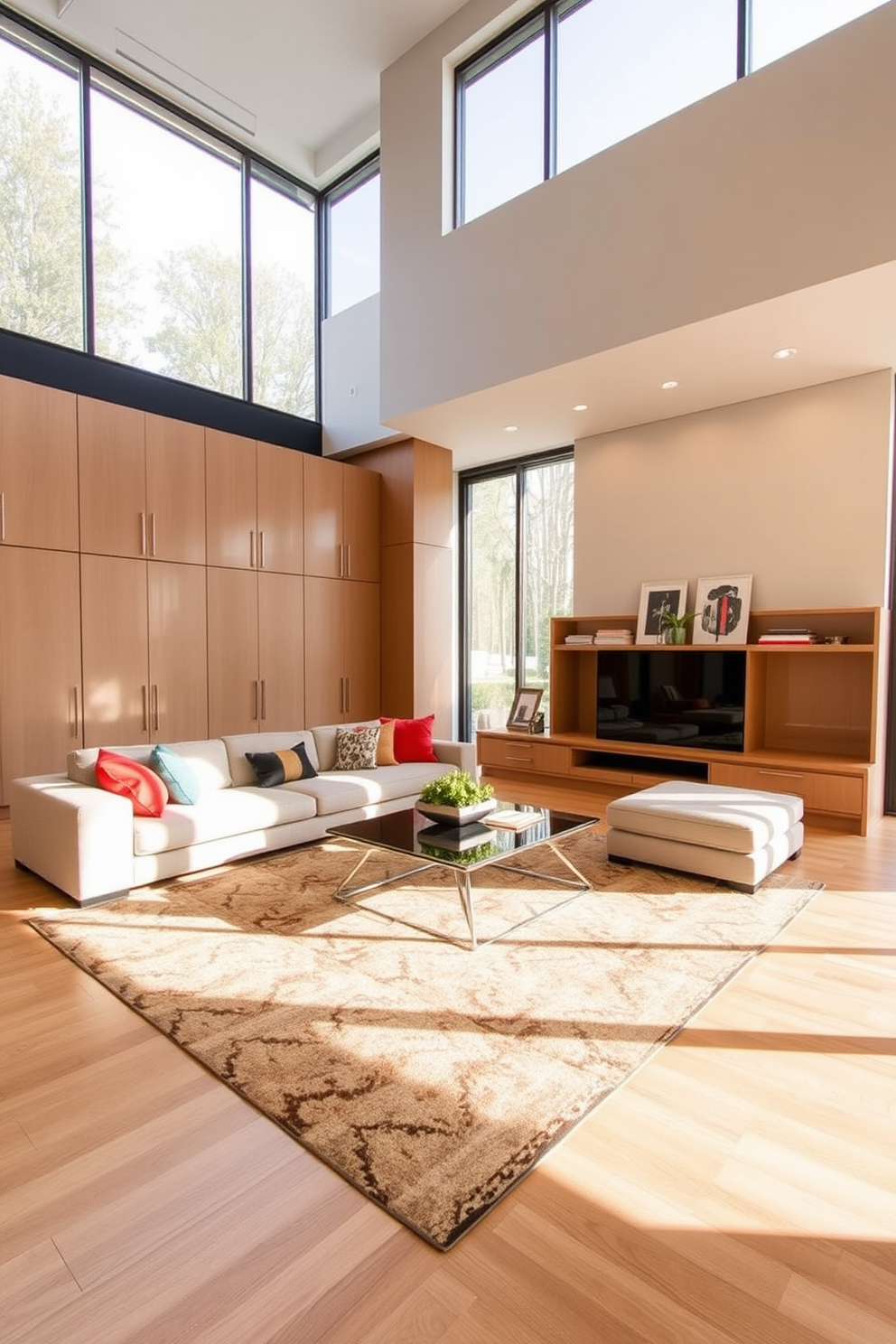 A spacious open floor plan living room features large windows that allow natural light to flood the space. The room is designed with built-in storage solutions, including sleek cabinetry that blends seamlessly with the walls, providing both functionality and aesthetic appeal. The seating area includes a plush sectional sofa in a neutral tone, complemented by colorful accent pillows. A modern coffee table sits in the center, while a stylish area rug anchors the space, adding warmth and texture to the room.