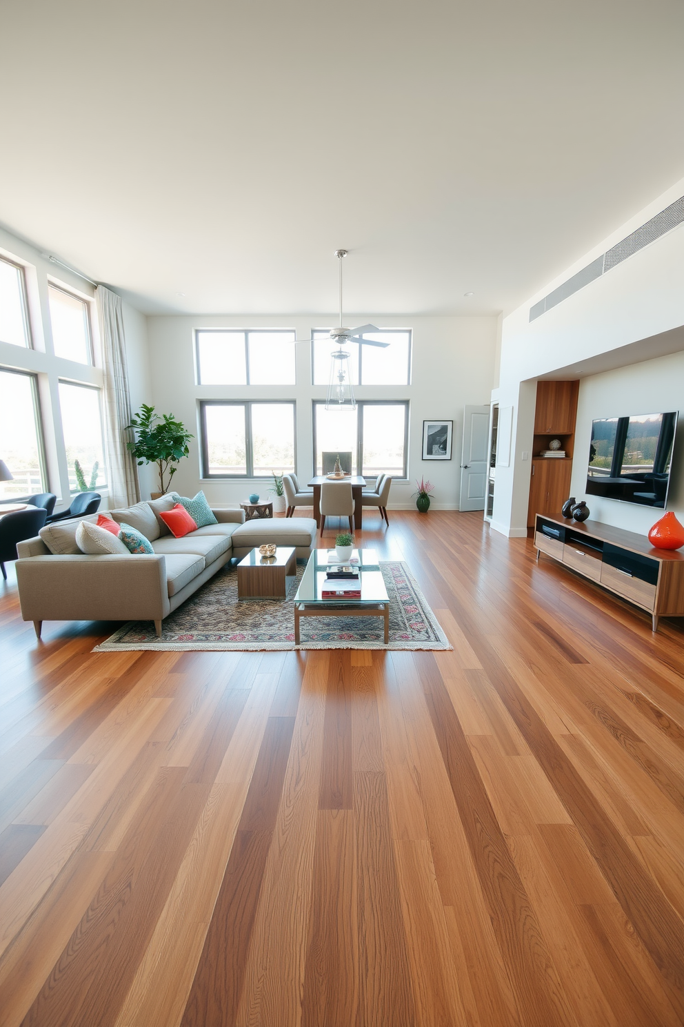 A spacious open floor plan living room features seamless wood flooring that extends throughout the space, creating a warm and inviting atmosphere. The layout includes a cozy seating area with a plush sectional sofa, accented by colorful throw pillows and a stylish coffee table at the center. Natural light floods the room through large windows, enhancing the airy feel of the design. A modern entertainment unit is positioned against one wall, adorned with decorative elements that reflect a cohesive color palette.