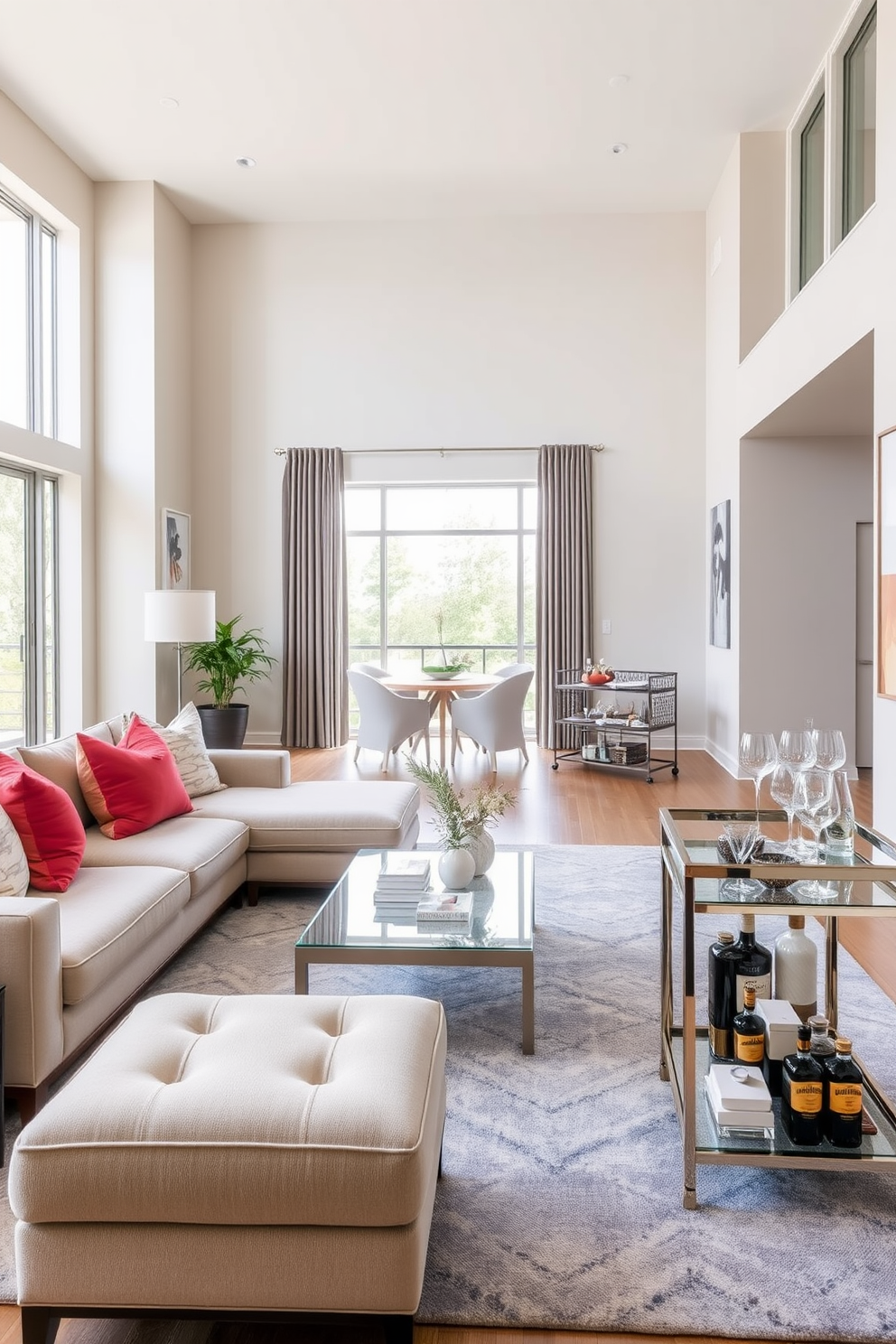 A spacious open floor plan living room features large windows adorned with flowing sheer curtains that gently soften the natural light. The area is furnished with a plush sectional sofa in a neutral tone, accented by vibrant throw pillows and a stylish coffee table at the center. Adjacent to the living area, a modern dining table with elegant chairs creates a seamless transition into the dining space. A statement chandelier hangs above the table, adding a touch of sophistication to the overall design.