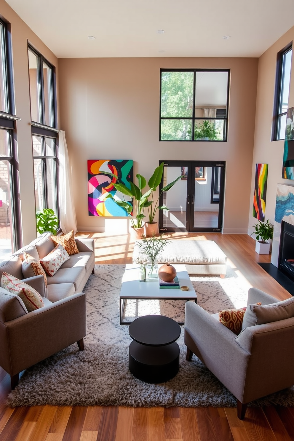 A spacious open floor plan living room features built-in benches along the walls for comfortable seating. The room is filled with natural light from large windows, highlighting a cozy seating arrangement with a plush sofa and stylish coffee table.