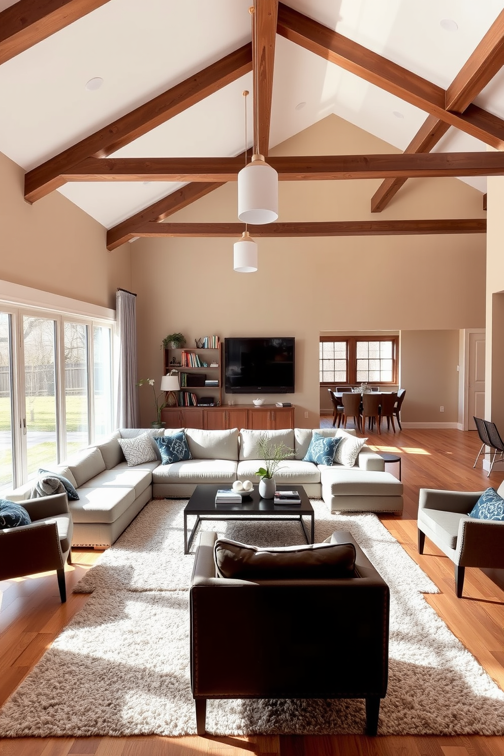 A spacious open floor plan living room bathed in natural light. Soft pendant lights hang above a large sectional sofa, creating a cozy reading nook beside a floor-to-ceiling window. A sleek coffee table sits on a plush area rug, surrounded by stylish accent chairs. The walls are painted in a warm neutral tone, complementing the wooden beams that add character to the space.