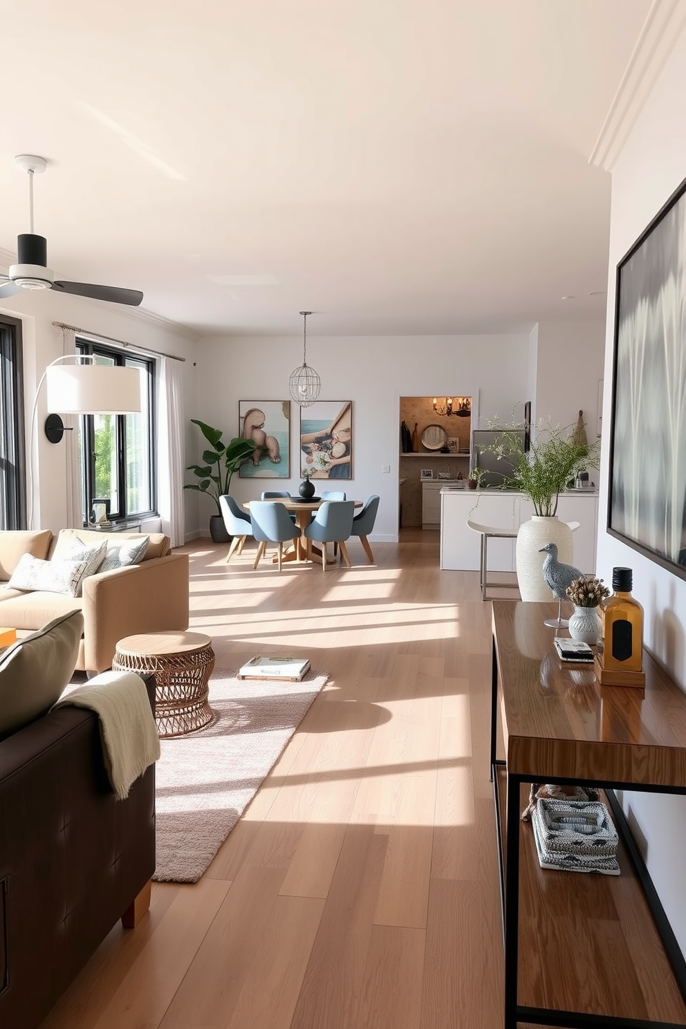 A spacious open floor plan living room features a stylish console table positioned against a wall, providing both utility and aesthetic appeal. The room is filled with natural light, showcasing a blend of modern furniture and cozy accents that create an inviting atmosphere.